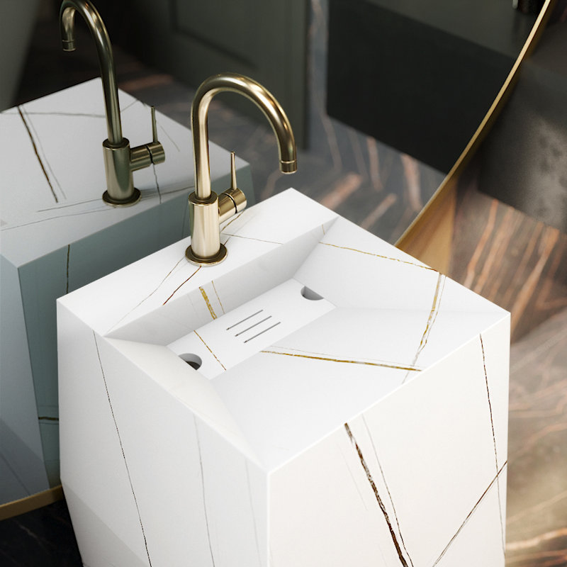 Fine Fixtures Canyon Pedestal 15" Wide White Carrara Sintered Stone, Black with Gold