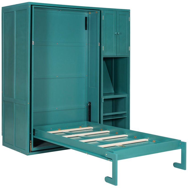 Lit simple bleu sarcelle rotatif avec bibliothèque intégrée, rangement pour armoire supérieure, bureau escamotable et unités de rangement latérales intégrées au mur, espace peu encombrant, table de travail pliable et tablette supplémentaire
