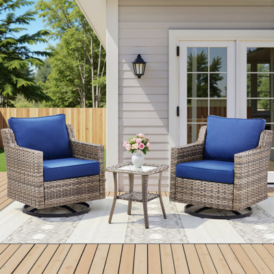 Chaises d'extérieur pivotantes avec plateau en verre, ensemble de 3 pièces pour porche, bord de piscine, terrasse et cour