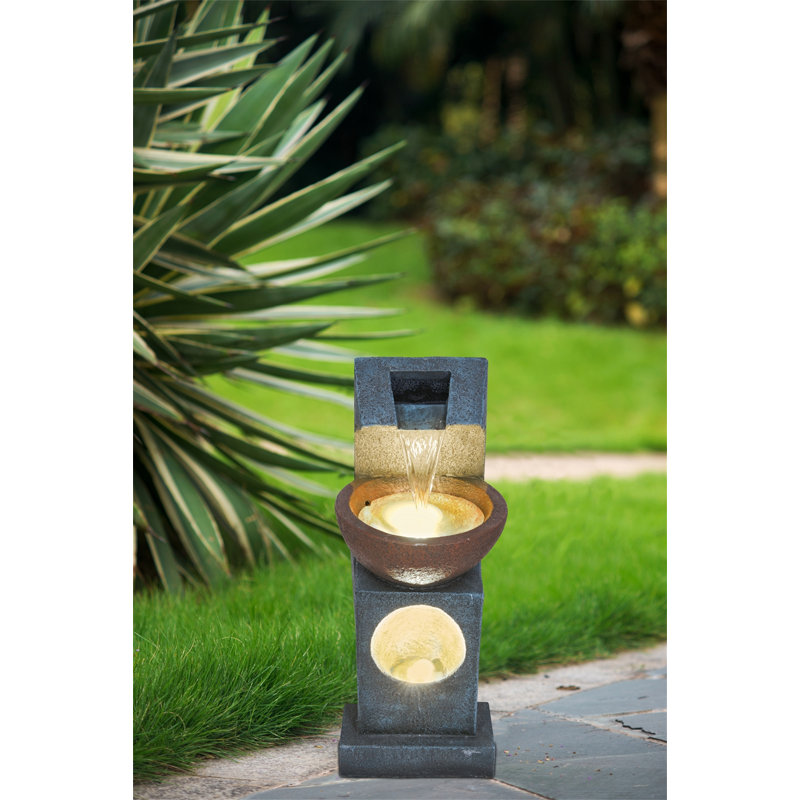 9.4x9.1x23.8" Black and Brown Sculptural Water Fountain with Bowl Basin, with Light and Pump, for Indoor and Outdoor