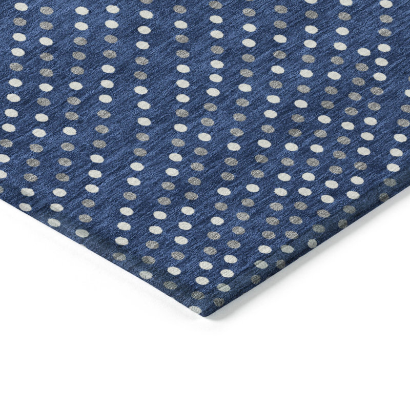 Navy and White Synthetic Flat Woven Washable Rug