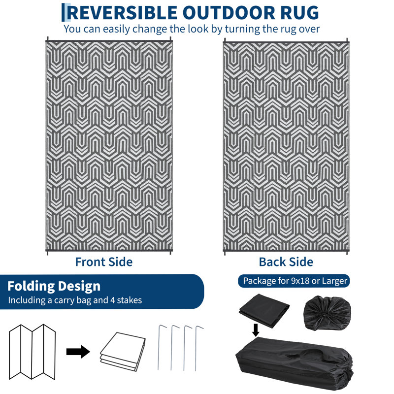 Reversible & Collapsible Outdoor Plastic Area Rug - Modern Abstract Low-Pile Carpet, Mark Resistant, Easy Clean for Patio, Camping, Picnic, RV