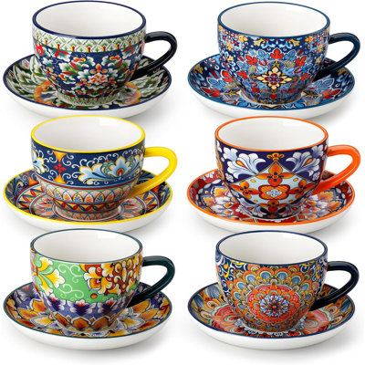 Set of 6 8oz Bohemian Ceramic Cappuccino Cups with Saucers Microwave Dishwasher Safe