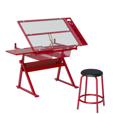 table de dessin avec chaise en verre trempé réglable rouge