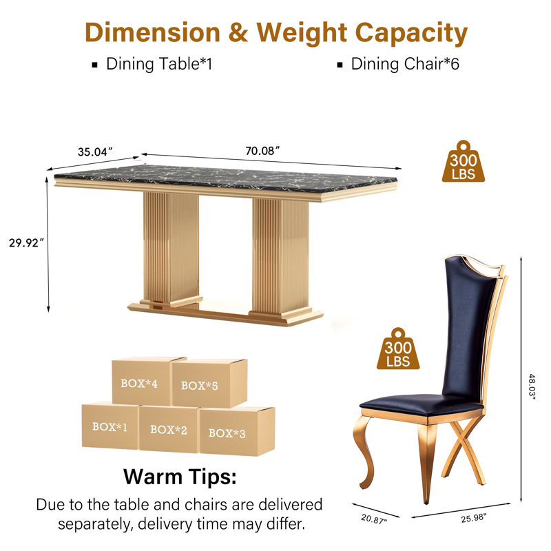 6 - Person Double Pedestal Dining Set, Black, Gold, Black/Gold