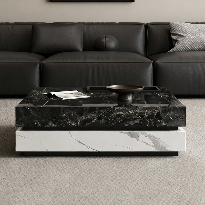Table basse carrée sur pied avec plateau, Noir, H 13,77 po x L 47,24 po x l 47,24 po, Noir