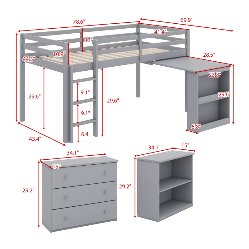 Lit mezzanine simple avec tablette de tiroir et bureau coulissant, Gris