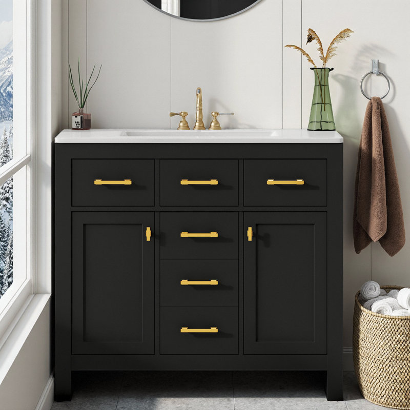 Ensemble de meuble-lavabo moderne 36 po avec lavabo en céramique, 4 tiroirs et 2 armoires à fermeture douce - solution de rangement à cadre en bois massif