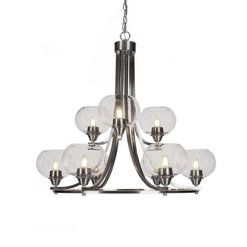 Lustre 9 lumières, H 29,75 po x l 28,5 po x P 28,5 po, Nickel brossé, Transparent