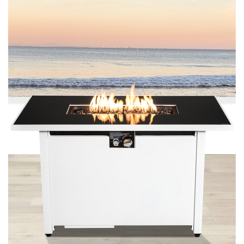 Foyer de table d'extérieur, acier inoxydable, 50000, rouille, blanc avec foyer en pierres de lave 25H x 42W, chaleur rouille, panneau