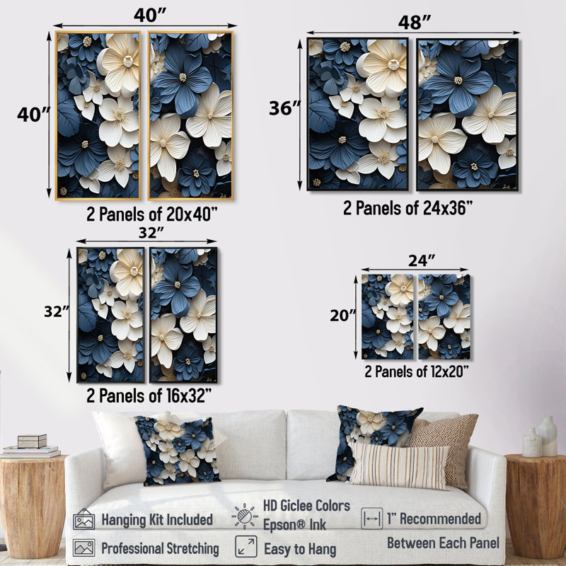 Violettes ornées bleues et blanches - impressions d'art bleues sur toile, Brown, 36" H x 48" W, Impression encadrée flottante
