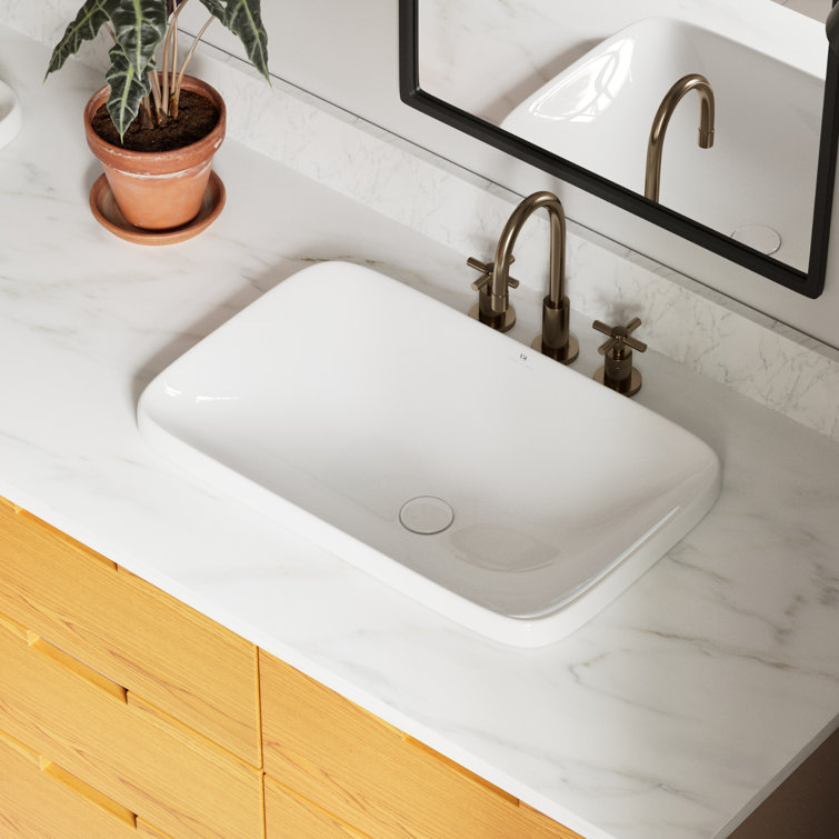 Los Flexi Semi Recessed Vessel Sink, White Rectangular Ceramic Drop In Bathroom Sink with Pop-up Drain