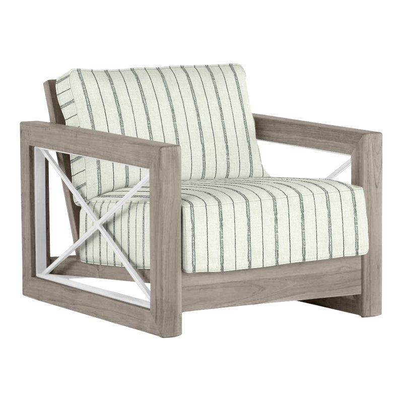 Malta Teak Outdoor Lounge Chair, Oyster Teak/Brushed Stainless, Welt + Standard fill, Linen Forest