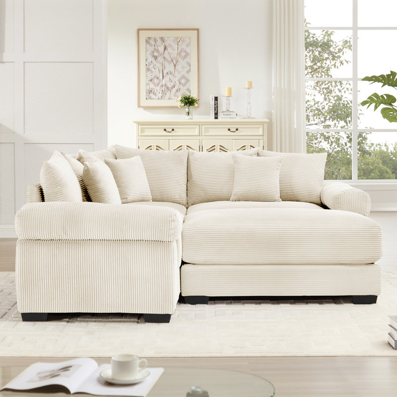 Canapé modulaire 3 places en velours côtelé avec repose-pieds mobile, Velours côtelé beige, H 34,2 po x l 79,1 po x P 79,1 po