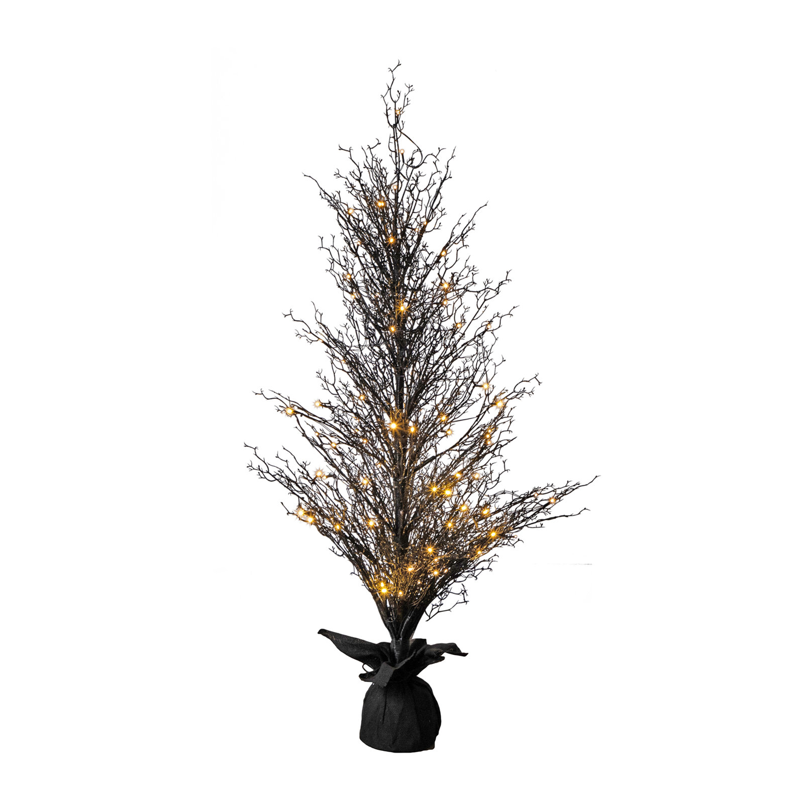Pre-Lit Halloween Black Twig Artificial Fall Tree in Burlap Planter, 60" H x 24" W x 24" D