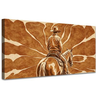 Art mural rétro vintage Cowboy, sépia, toile sud-ouest pour la chambre à coucher, Cowboy rustique à cheval, œuvre d'art prête à accrocher 20 x 40 pouces