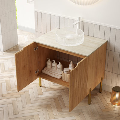 Meuble-lavabo rond en verre transparent de 30 po, comptoir en pierre frittée, armoire en contreplaqué avec portes à fermeture en douceur, meuble-lavabo autoportant de couleur avec lavabo, comptoir, système, finition
