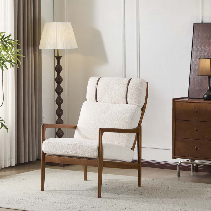 Méridienne Rowden Mid-Century avec coussins et structure en bois d'hévéa massif, Polyester beige