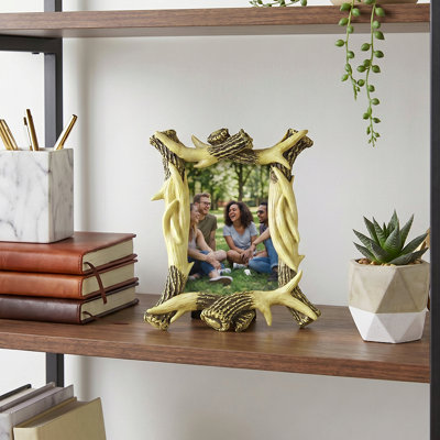 Cadre photo rustique en bois de cerf, cadre en bois de cerf en résine, décor de maison de campagne autoportant pour présentation de table - pour chalet, salon, bureau, tablette ou manteau de cheminée