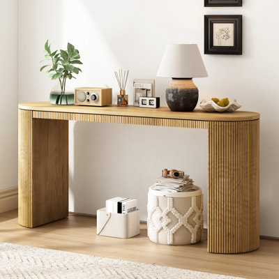 Curved Console Table With Vertical Stripe Elevation - Spacious Pine Tabletop For Living Areas Simple To Construct Chic Advancement Platform Rooms Bu