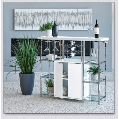 Meuble-bar moderne à deux portes laqué brillant avec cadre chromé pour des solutions de rangement et de divertissement élégantes à domicile.