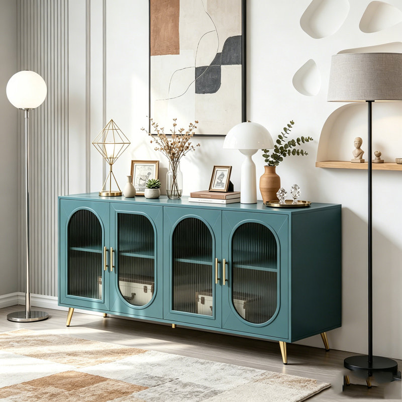Meuble télé pour téléviseur de 65 pouces et plus avec portes en verre et tablettes réglables