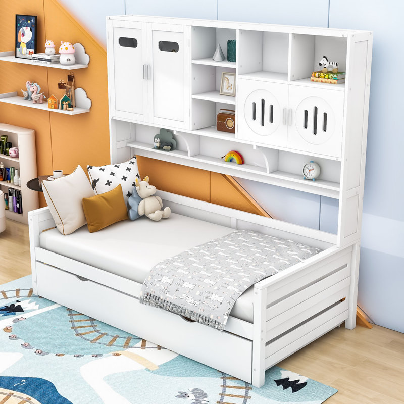 Wooden Daybed With Trundle, Cabinet and Shelf, Twin, White