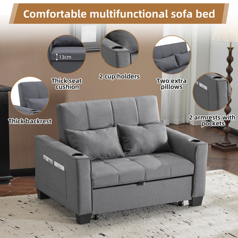 Fabric 2 Seater Sofa Bed with Cup Holders, Pull Out Sleeper Sofa, Grey
