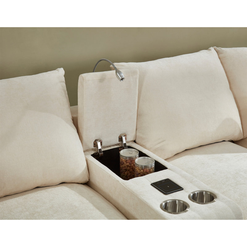 Modern Sectional Sofa Couch With Console, Beige Fabric
