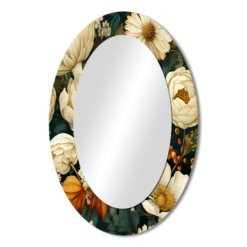 Motif de fleurs de chrysanthème Earthy Greens - miroir mural traditionnel ovale, H 36 po x l 24 po