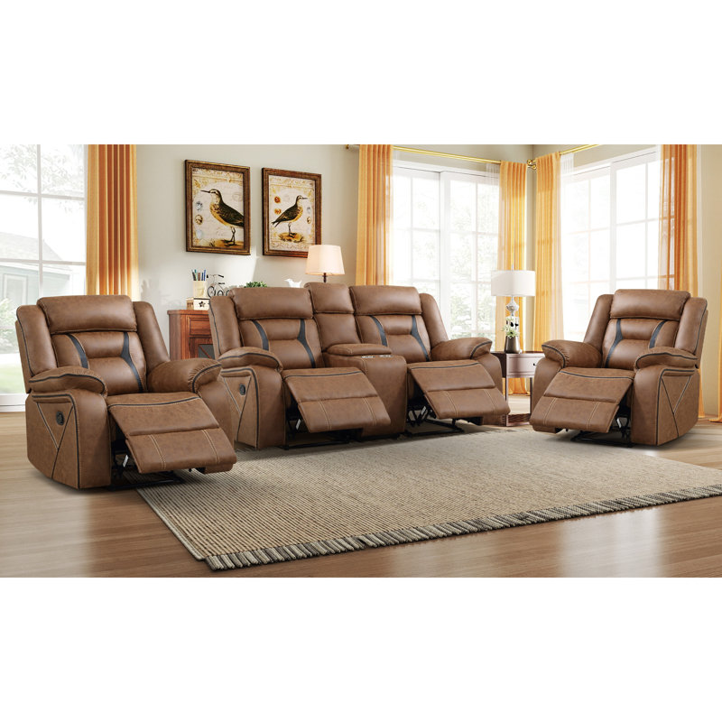 3 - Piece Modern Soft Vegan Leather Manual Reclining Living Room Set With Console, Brown