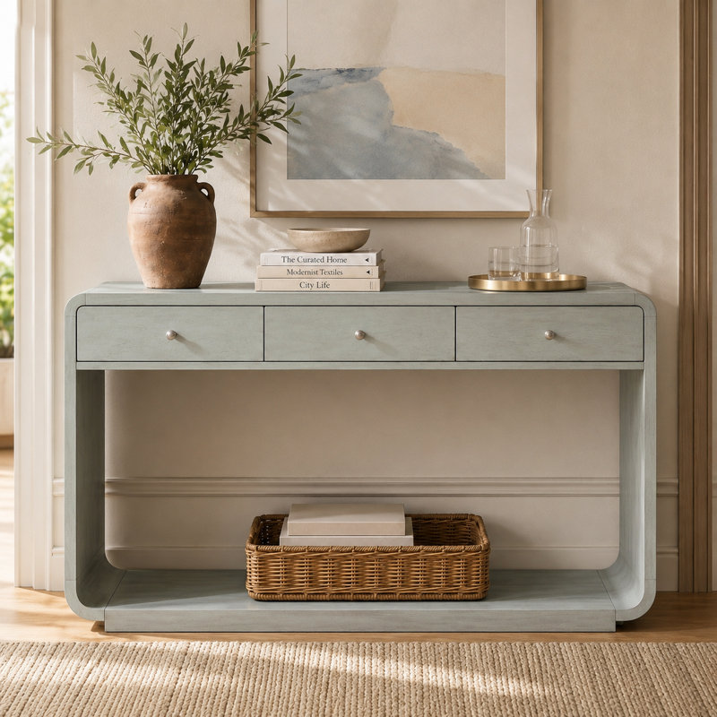 55'' Blue-Gray Console Table With 3 Drawers, Open Shelf And Rounded Waterfall Frame, Dusty Blue-Grey
