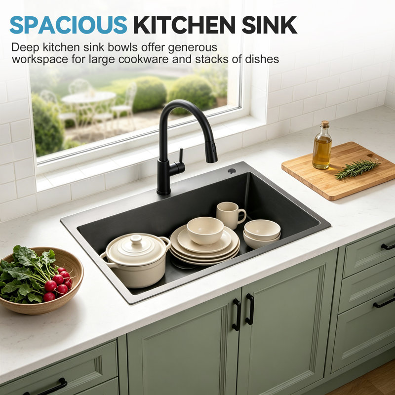 32"L × 19"W Drop-in Single Bowl Stainless Steel Kitchen Sink, Black