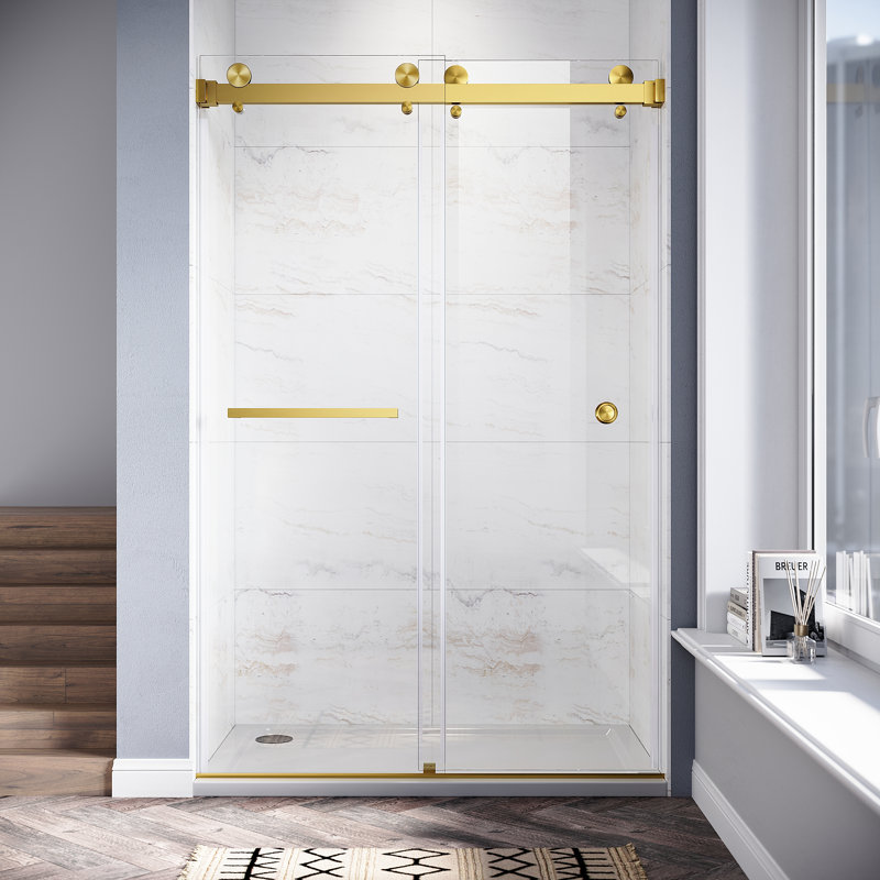 UKD01 46 to 49 in. x 76 in. H Frameless Double Sliding Shower Door with 3/8 in. (10mm) Clear Glass , Satin Brass