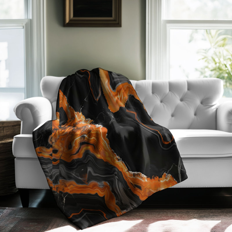 Black and Burnt Orange Marble - 1 Piece Premium Sherpa Blanket, Twin