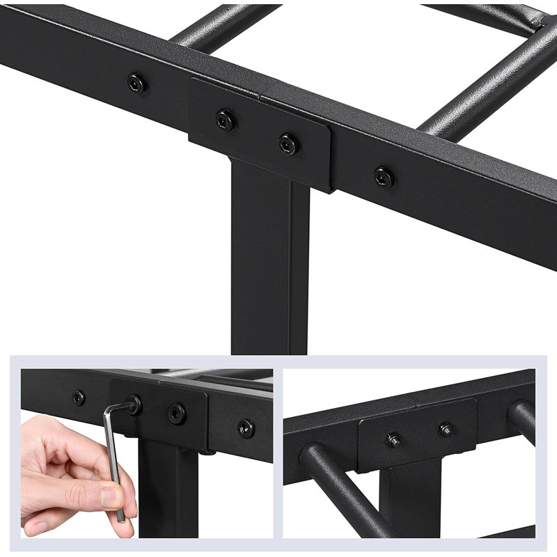 Queen Black Metal Bed Frame with Vintage Headboard and Storage