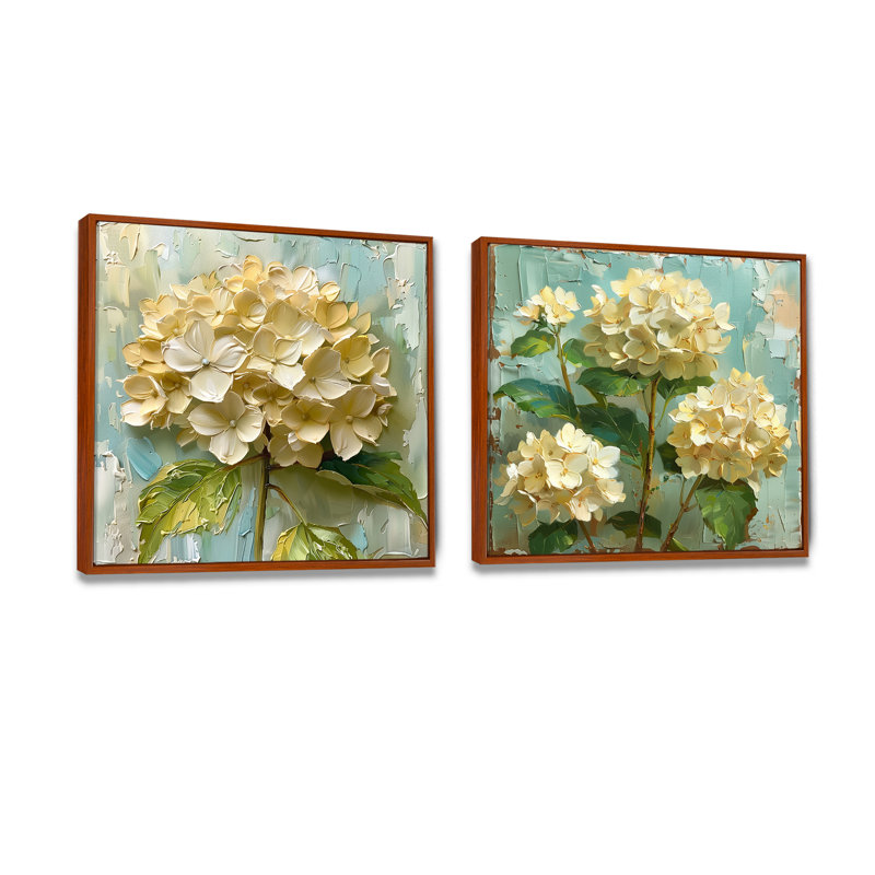 Vintage rétro hortensia beige «Blooms I» - art mural hortensia - ensemble d'art mural traditionnel 2 pièces, Brun