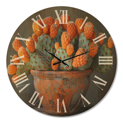 Très grande horloge murale en bois botanique - Photo monochrome de cactus dans un vase I