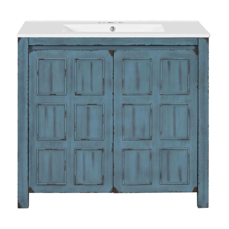 36 " Bathroom Vanity Organizer with Ceramic Sink, Retro Blue