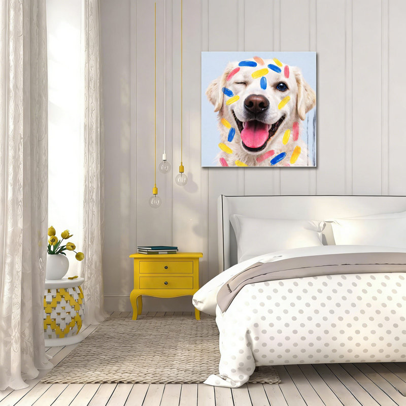 Portrait de chien ludique peint, cadre en bois intégré, 16 x 16