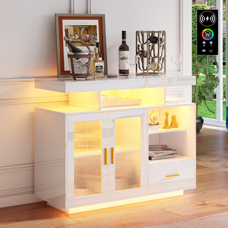 Modern Led Coffee Bar Cabinet And Sideboard With Storage – Ideal For Kitchen, Dining Room Or Living Room, White