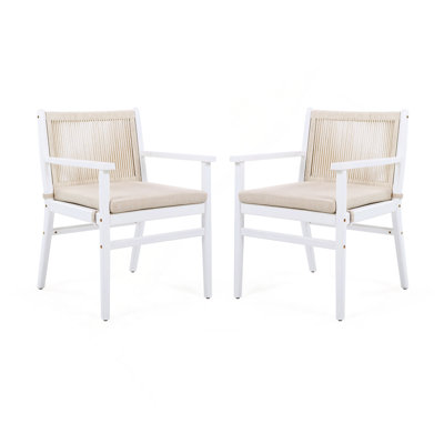 Outdoor Dining Chairs Set Of 2, Acacia Wood Patio Armchair With Rope Design Back And Water Repellent Cushion, White Frame, 400Lbs Weight Capacity