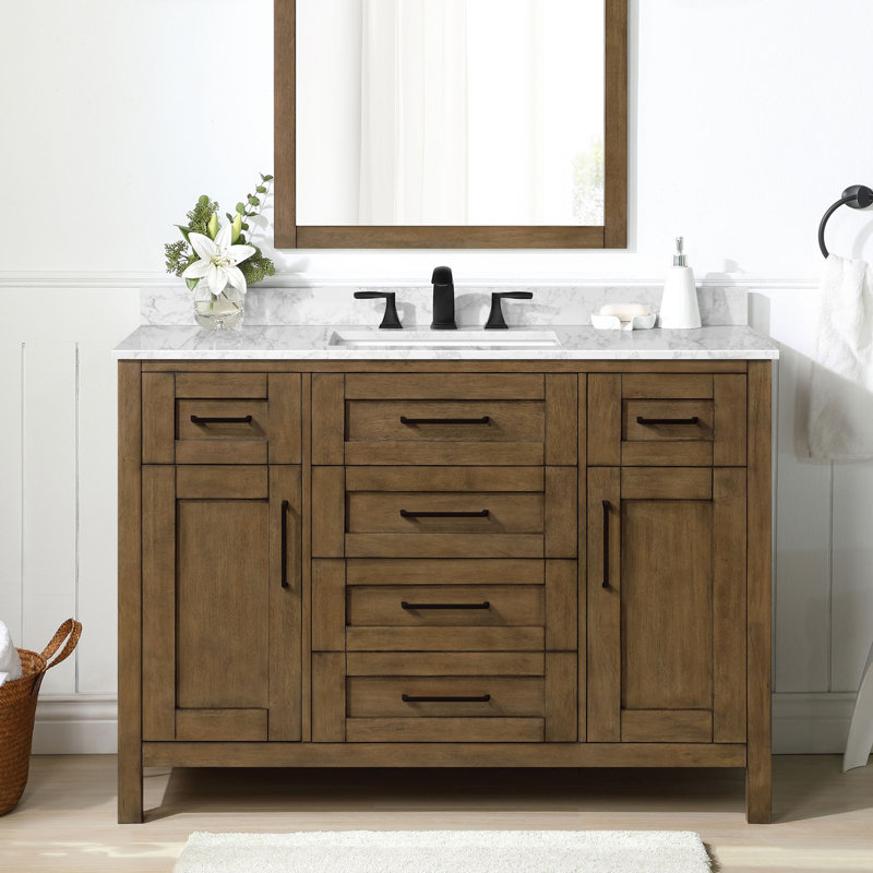 Tahoe 48 in. Almond Latte Freestanding Bathroom Vanity, Engineered Stone Top with Backsplash, Matte Black Hardware