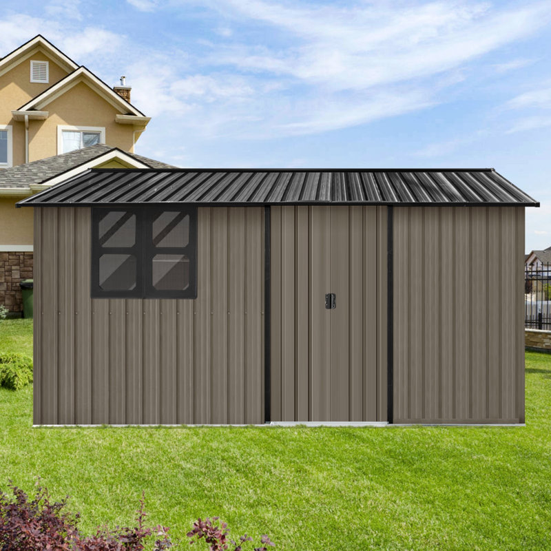 Metal Garden Sheds 12Ftx10ft Outdoor Storage Sheds White+Black With Window With Sliding Door, Brown