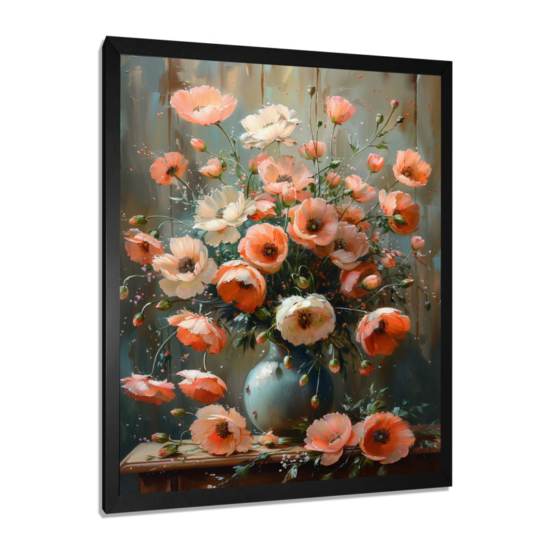 Rose, gris, coquelicots, fleurs, nature morte, charme III - coquelicots, art mural, Toile encadrée noire simple