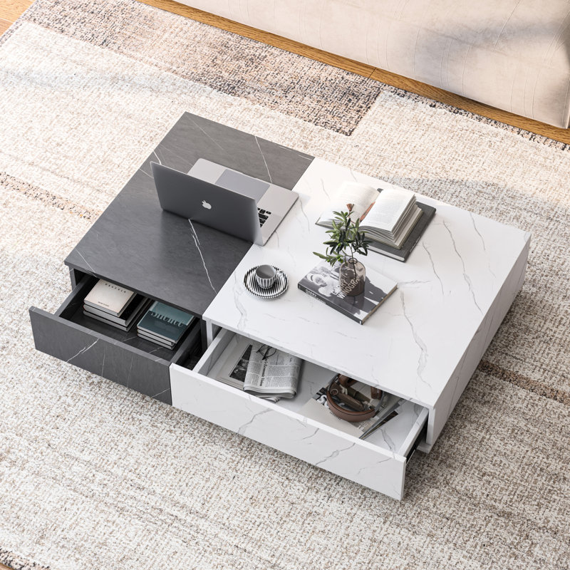 Table basse noire et blanche avec deux espaces de rangement, Blanc/Noir, H 11,31 po x L 52,44 po x l 32,31 po