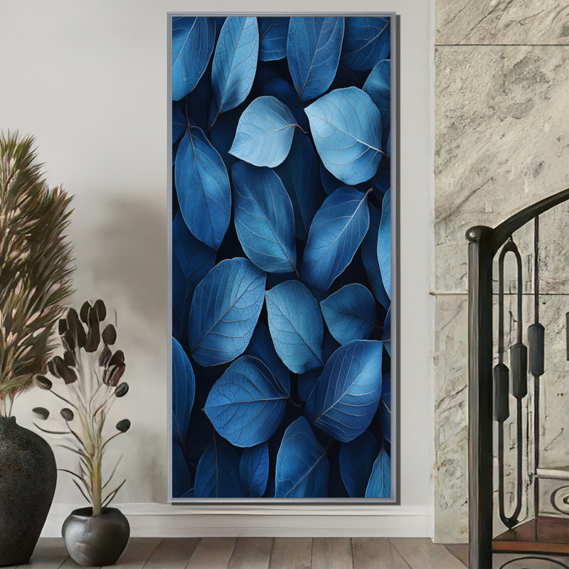 Durham Midnight Blue Leaves Tranquility II - feuilles, art mural encadré, H 60 po x l 28 po, Argent argent