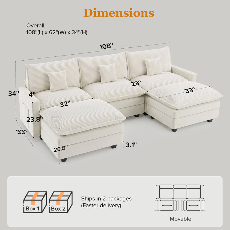 Canapé d'angle modulaire en forme de U de 108 pouces de large avec 2 poufs, White Corduroy
