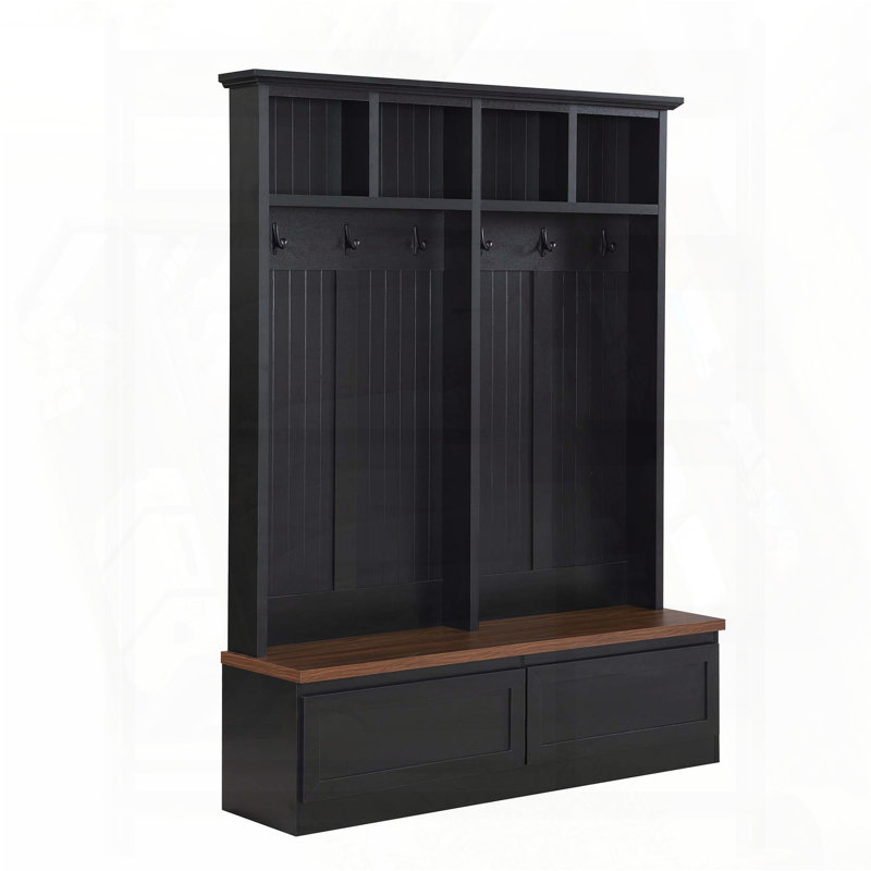 Farmhouse 4-in-1 Hall Tree with Wood Grain Bench and 2 Drawers (Black), Black