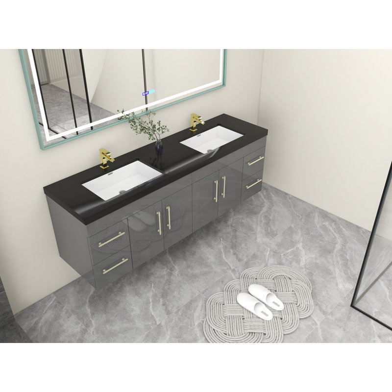 Campy 72" Wall-Mounted Double Bathroom Vanity Set, High Gloss Gray, Matte Gold